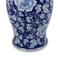 21 Inch Temple Ginger Jar, Blue, White Floral Print, Lid, Ceramic Pottery - BM309850