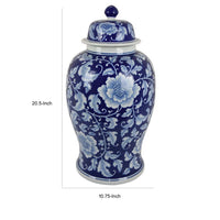 21 Inch Temple Ginger Jar, Blue, White Floral Print, Lid, Ceramic Pottery - BM309850