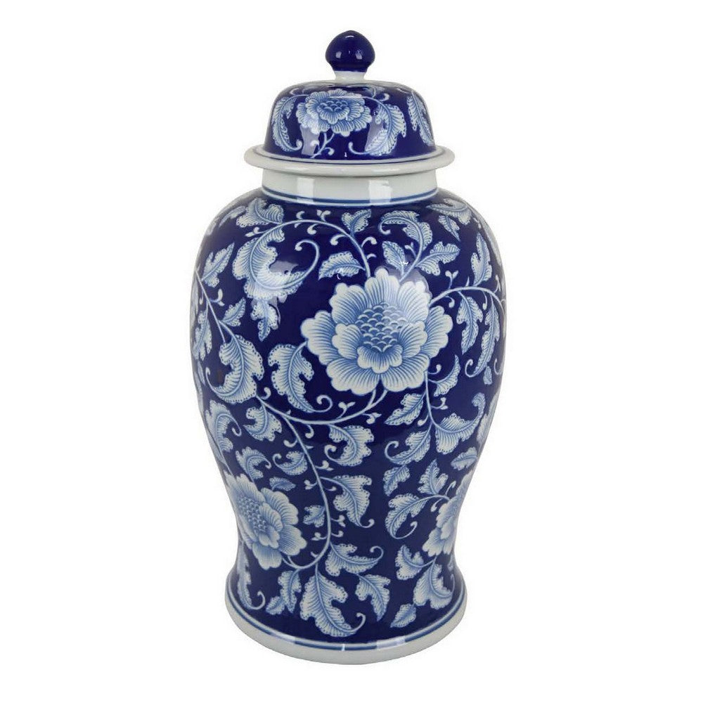 21 Inch Temple Ginger Jar, Blue, White Floral Print, Lid, Ceramic Pottery - BM309850