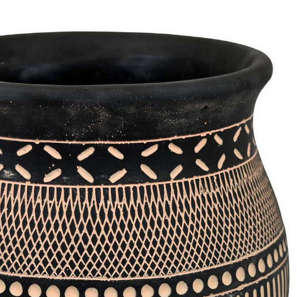 12 Inch Planter, Resin, Large Pot Shape, Tribal Design, Black and Beige - BM309883