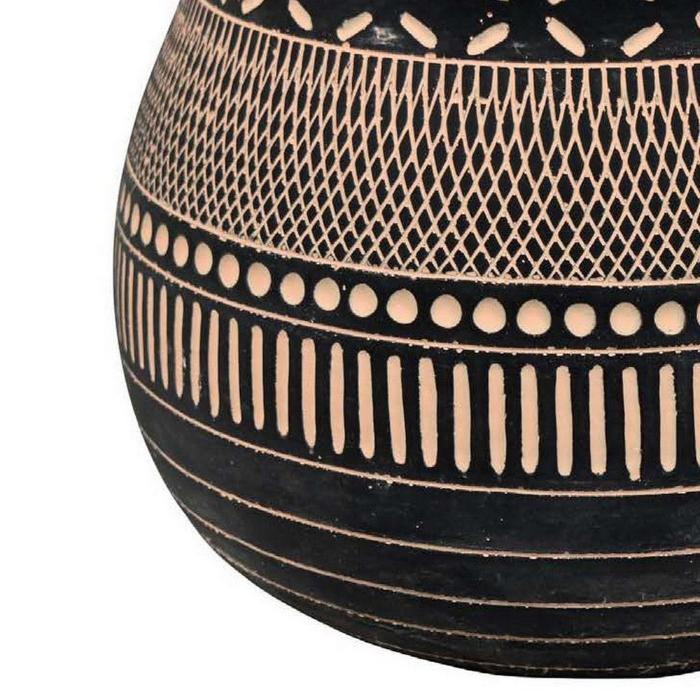 12 Inch Planter, Resin, Large Pot Shape, Tribal Design, Black and Beige - BM309883