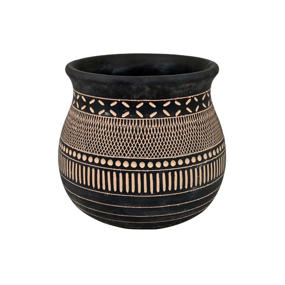 12 Inch Planter, Resin, Large Pot Shape, Tribal Design, Black and Beige - BM309883