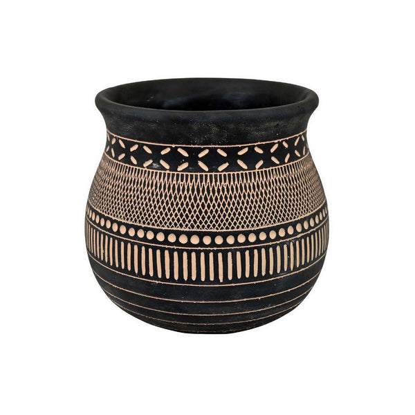 12 Inch Planter, Resin, Large Pot Shape, Tribal Design, Black and Beige - BM309883