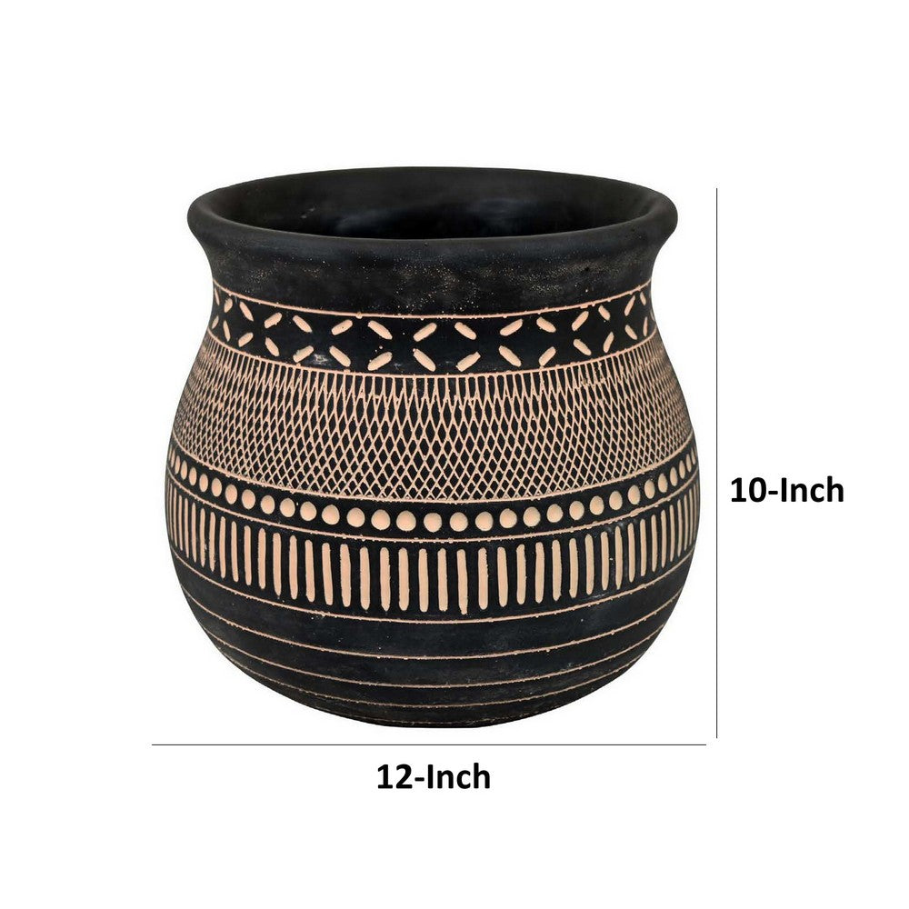 12 Inch Planter, Resin, Large Pot Shape, Tribal Design, Black and Beige - BM309883