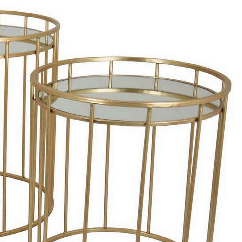 20 Inch Plant Stand Table Set of 3, Gold Metal Frame, Mirror Tray Top - BM309888