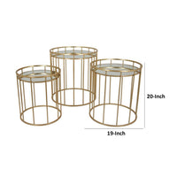 20 Inch Plant Stand Table Set of 3, Gold Metal Frame, Mirror Tray Top - BM309888