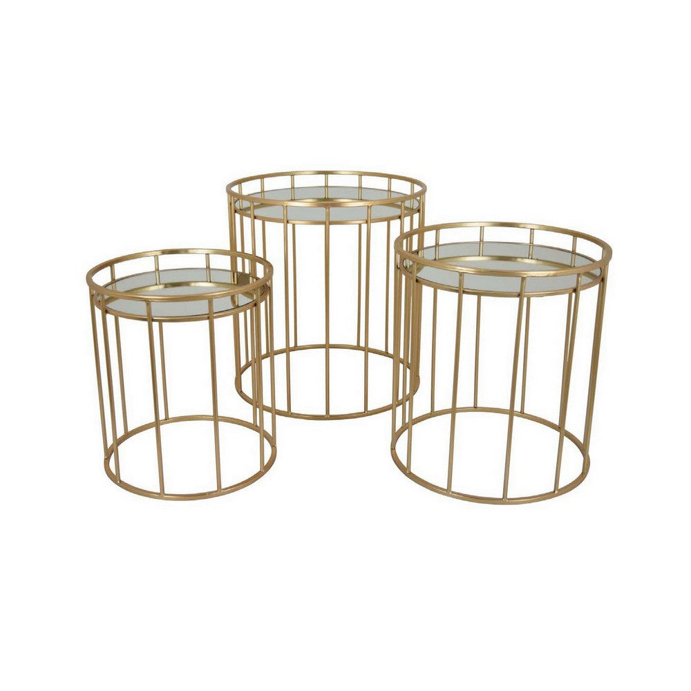 20 Inch Plant Stand Table Set of 3, Gold Metal Frame, Mirror Tray Top - BM309888