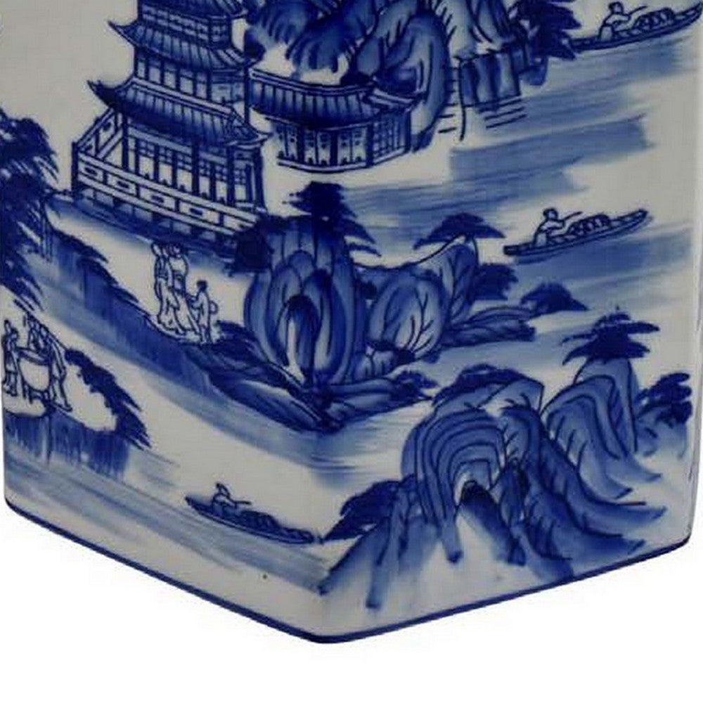 Deno 13 Inch Decorative Jar with Lid, Ceramic, Scenery in Blue and White - BM309894