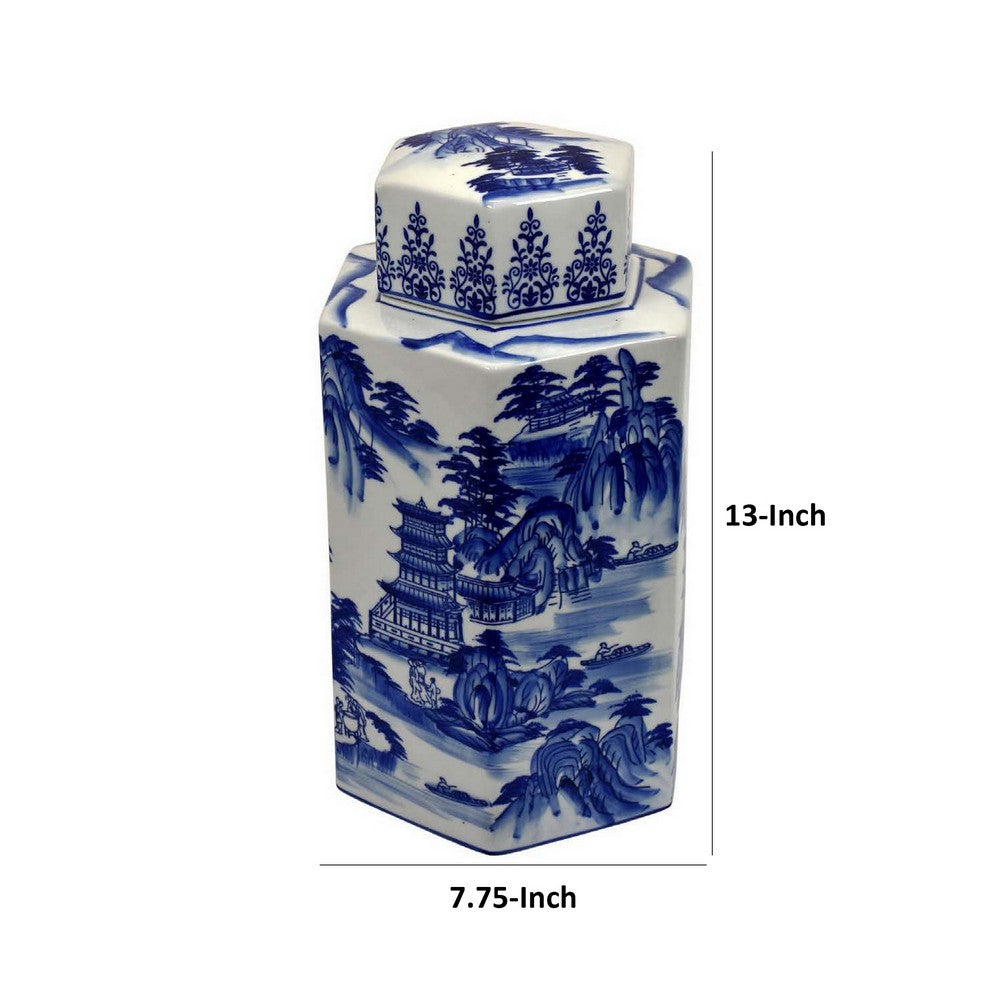 Deno 13 Inch Decorative Jar with Lid, Ceramic, Scenery in Blue and White - BM309894