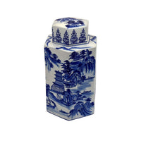 Deno 13 Inch Decorative Jar with Lid, Ceramic, Scenery in Blue and White - BM309894