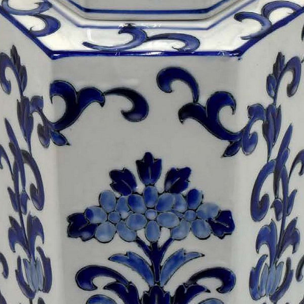 Deno 13 Inch Decorative Jar with Lid, Ceramic, Floral Design, Blue, White - BM309895