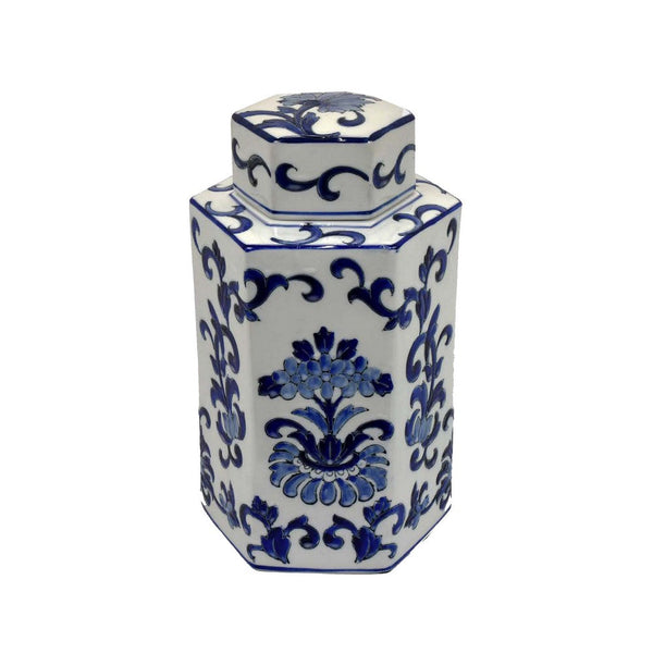 Deno 13 Inch Decorative Jar with Lid, Ceramic, Floral Design, Blue, White - BM309895