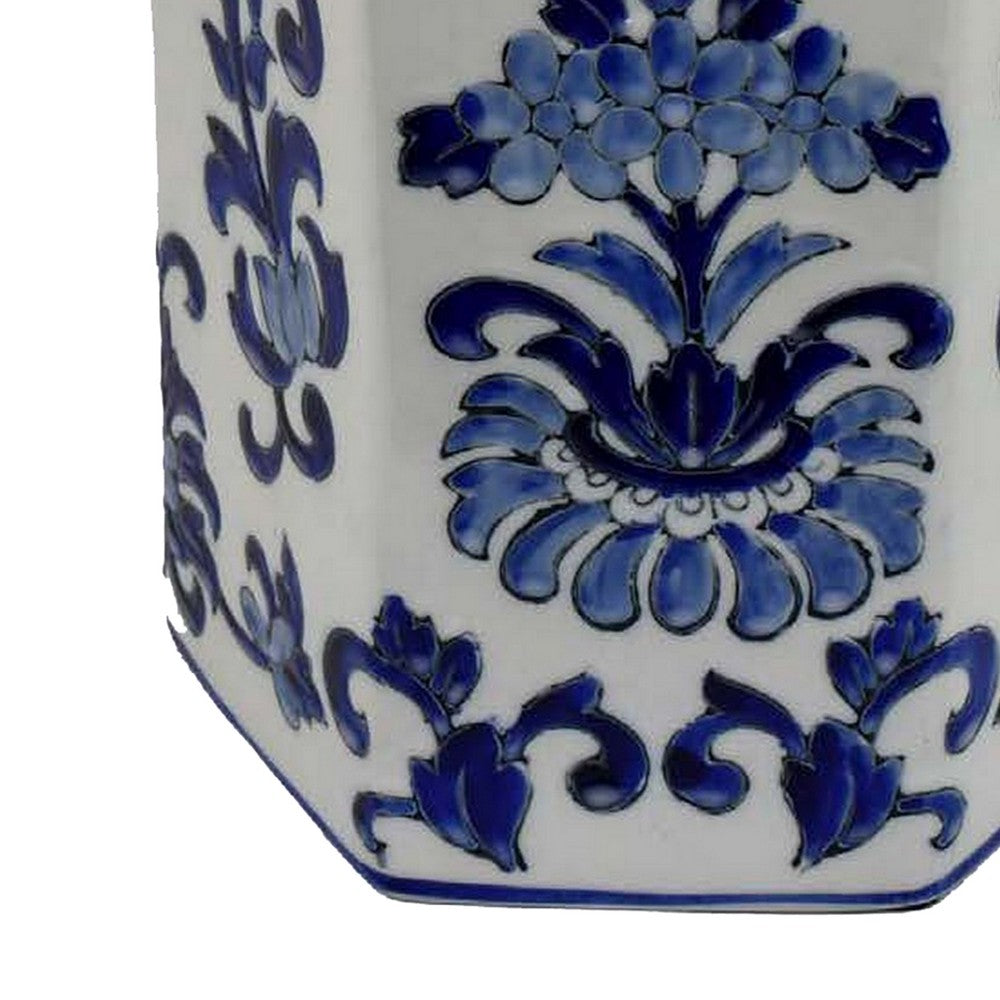 Deno 13 Inch Decorative Jar with Lid, Ceramic, Floral Design, Blue, White - BM309895