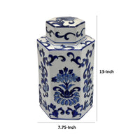 Deno 13 Inch Decorative Jar with Lid, Ceramic, Floral Design, Blue, White - BM309895