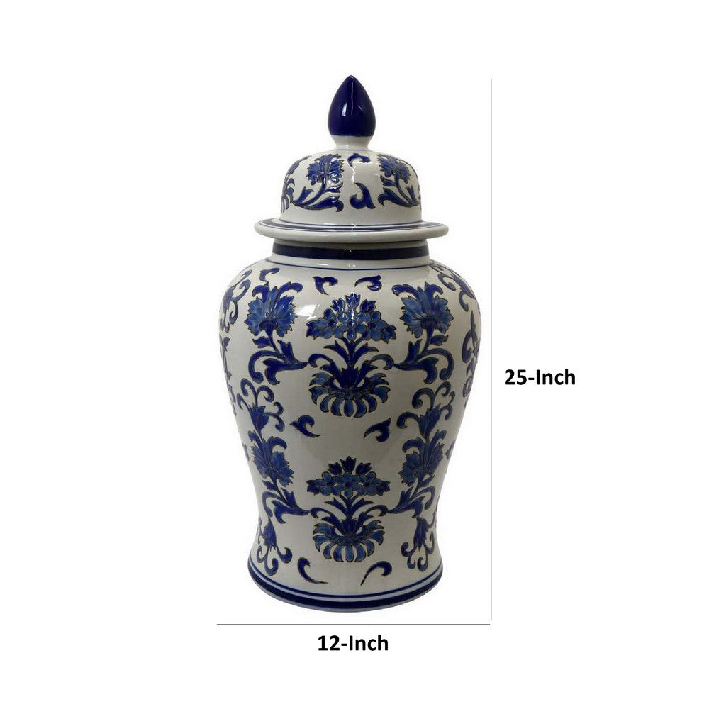 Lise 25 Inch Temple Ginger Jar, Ceramic, Multi Floral Design, White, Blue - BM309897