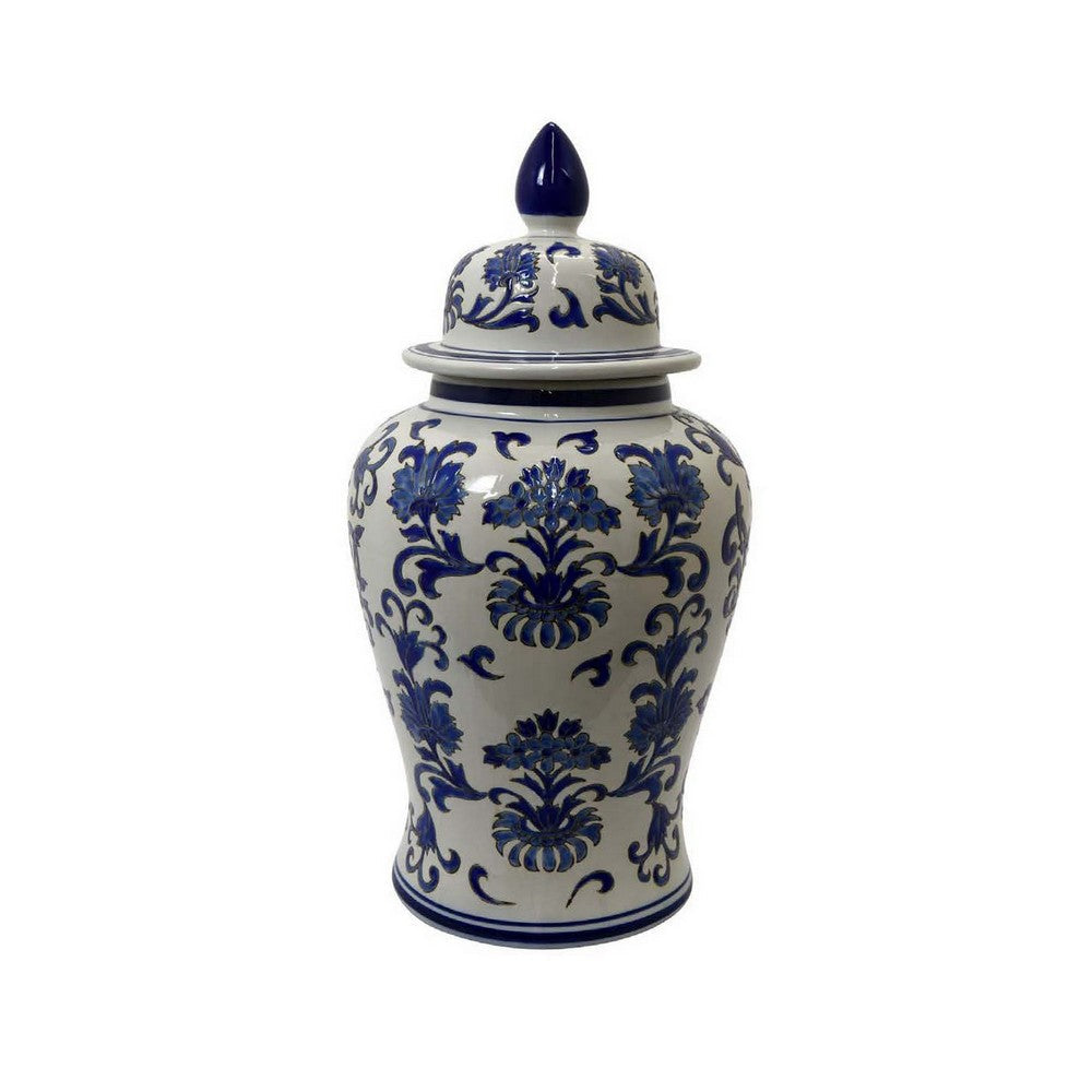 Lise 25 Inch Temple Ginger Jar, Ceramic, Multi Floral Design, White, Blue - BM309897