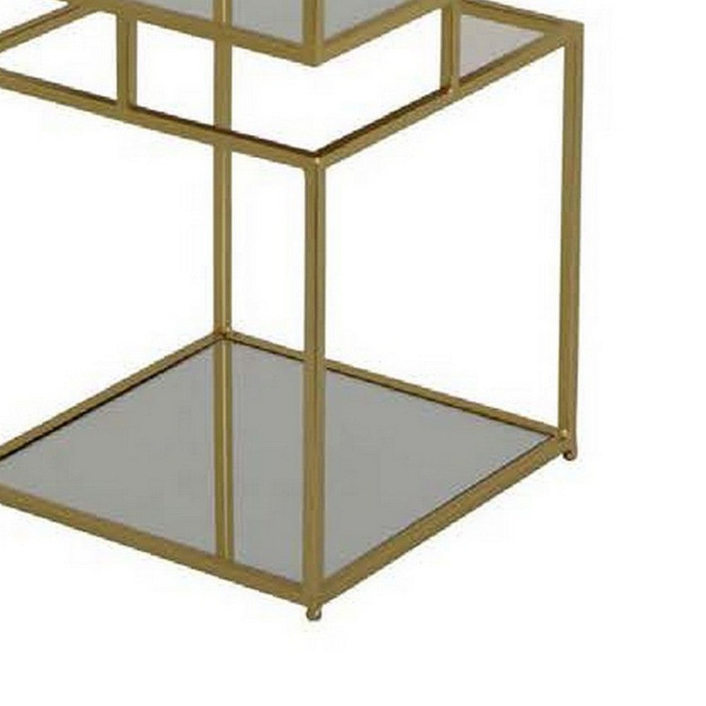 Joy 41 Inch Plant Stand Shelves, Mirrored Box Shape, 3 Tier, Gold Metal - BM309920