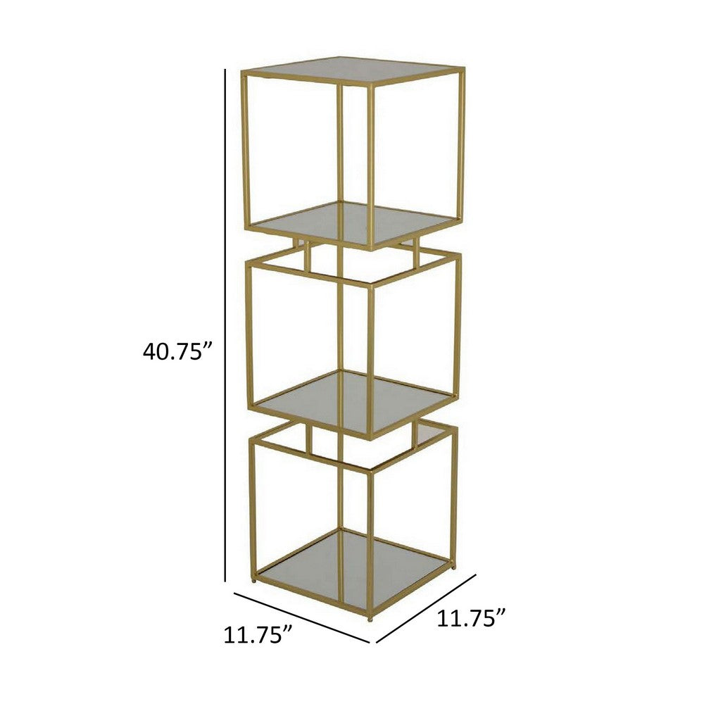 Joy 41 Inch Plant Stand Shelves, Mirrored Box Shape, 3 Tier, Gold Metal - BM309920