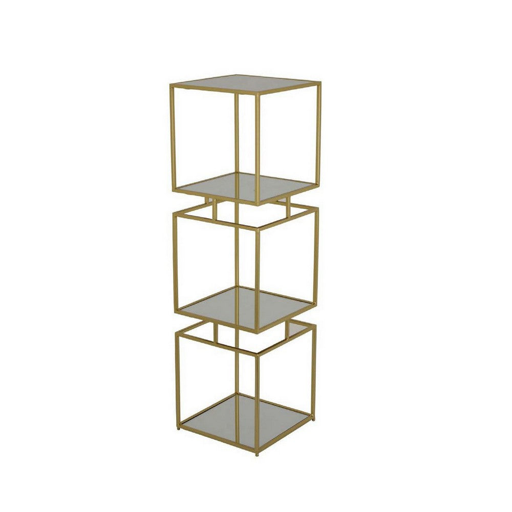 Joy 41 Inch Plant Stand Shelves, Mirrored Box Shape, 3 Tier, Gold Metal - BM309920