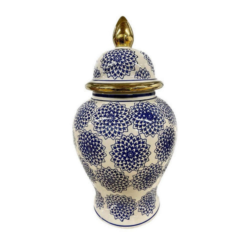 Bryan 18 Inch Ceramic Temple Jar, Floral Print, Gold Handle, Blue, White - BM309930
