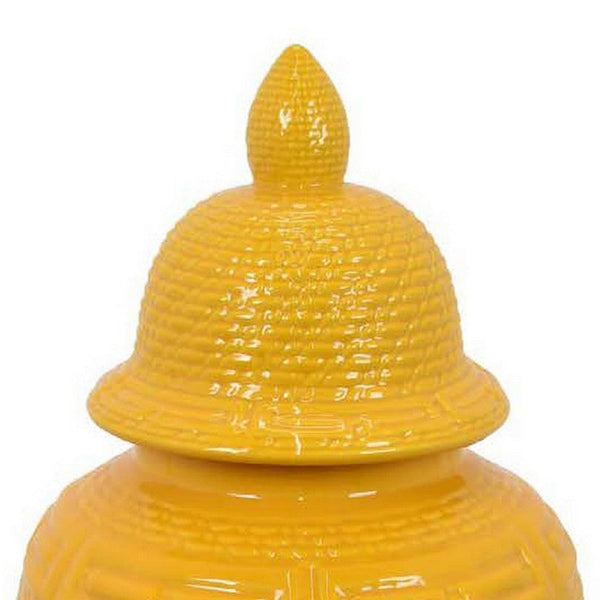 Bryan 24 Inch Ceramic Temple Jar, Geometric Print, Finial Top, Yellow - BM309931