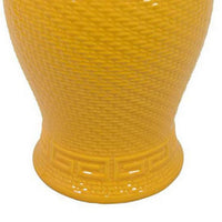 Bryan 24 Inch Ceramic Temple Jar, Geometric Print, Finial Top, Yellow - BM309931