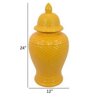 Bryan 24 Inch Ceramic Temple Jar, Geometric Print, Finial Top, Yellow - BM309931