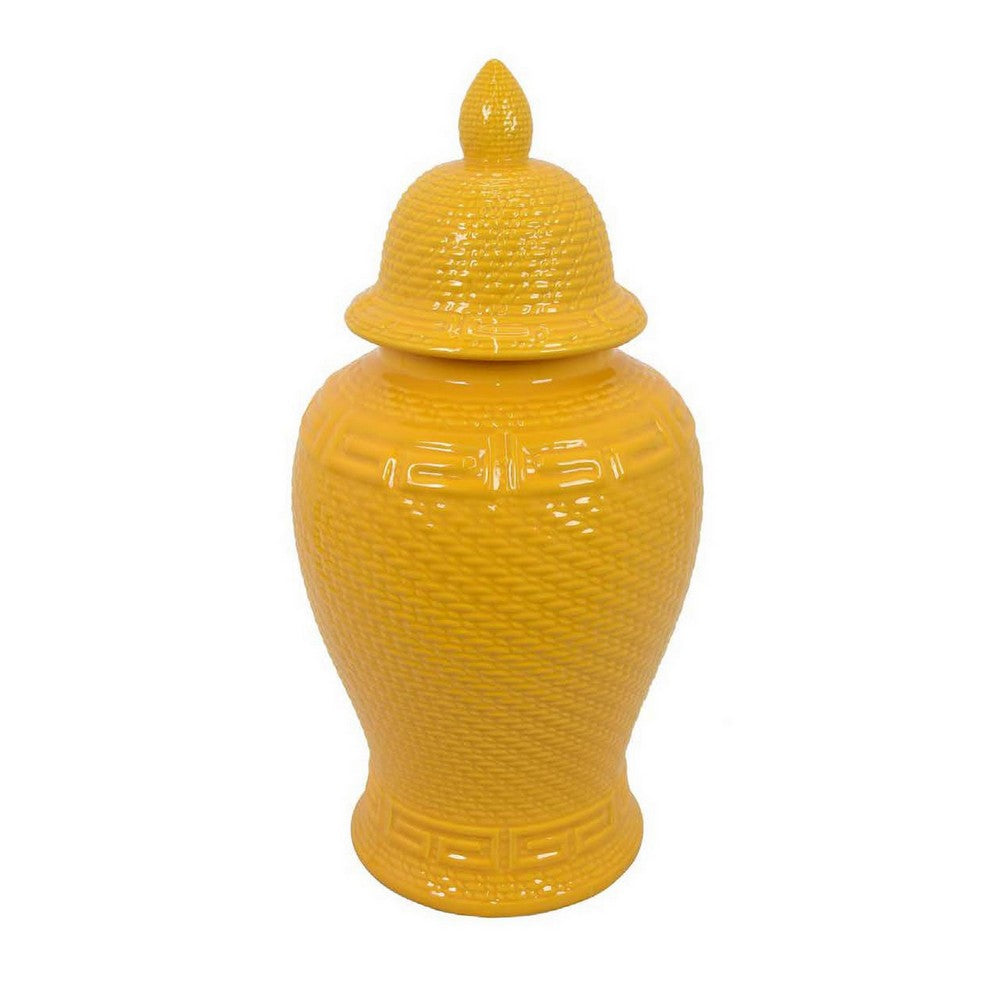 Bryan 24 Inch Ceramic Temple Jar, Geometric Print, Finial Top, Yellow - BM309931