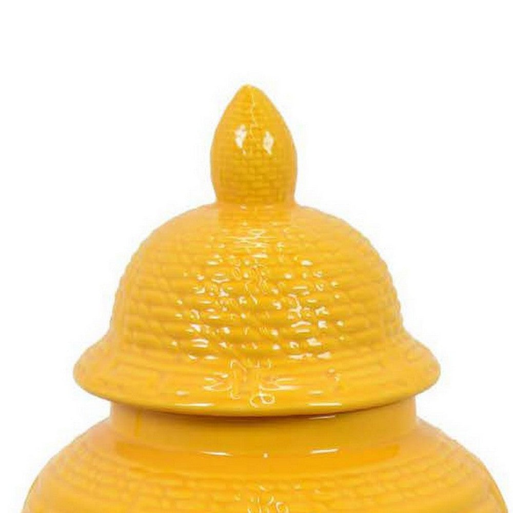 Bryan 18 Inch Ceramic Temple Jar, Geometric Print, Finial Top, Yellow - BM309932