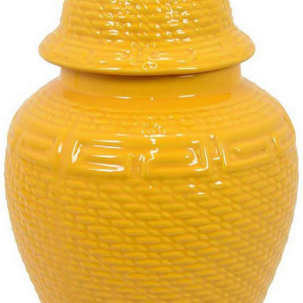 Bryan 18 Inch Ceramic Temple Jar, Geometric Print, Finial Top, Yellow - BM309932