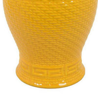 Bryan 18 Inch Ceramic Temple Jar, Geometric Print, Finial Top, Yellow - BM309932