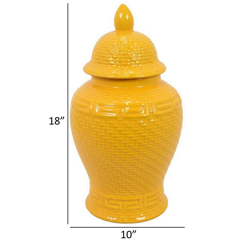 Bryan 18 Inch Ceramic Temple Jar, Geometric Print, Finial Top, Yellow - BM309932