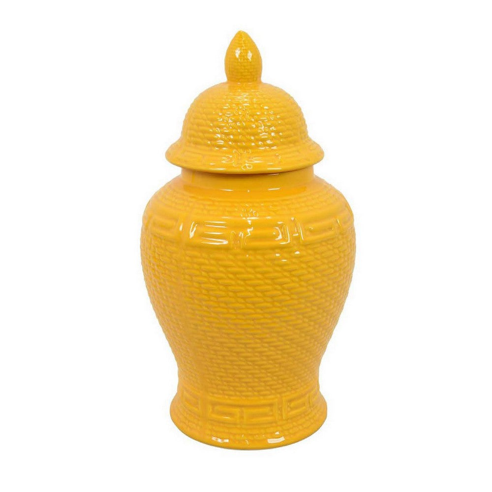 Bryan 18 Inch Ceramic Temple Jar, Geometric Print, Finial Top, Yellow - BM309932