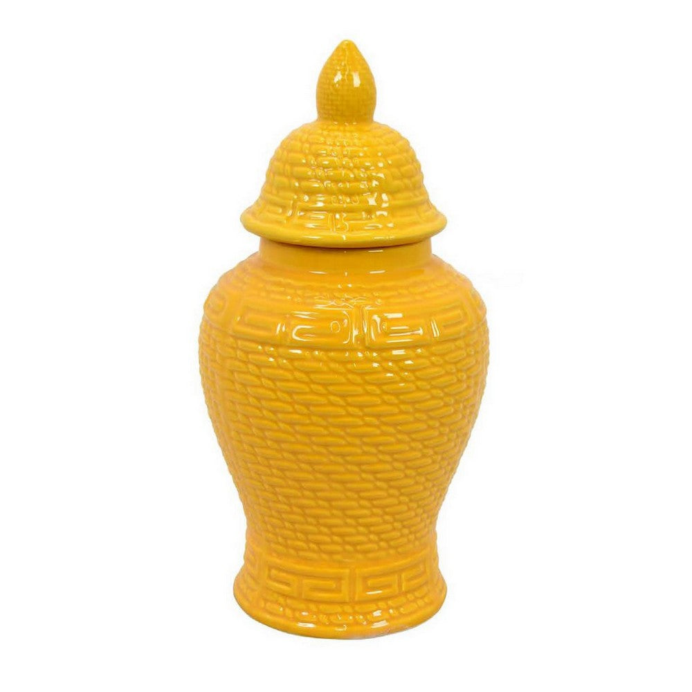 Bryan 13 Inch Ceramic Temple Jar, Geometric Print, Finial Top, Yellow - BM309933