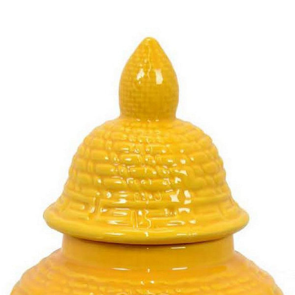 Bryan 13 Inch Ceramic Temple Jar, Geometric Print, Finial Top, Yellow - BM309933