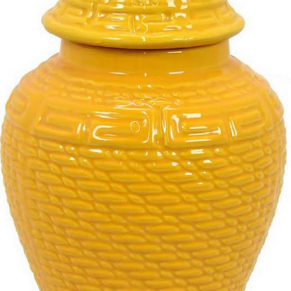 Bryan 13 Inch Ceramic Temple Jar, Geometric Print, Finial Top, Yellow - BM309933