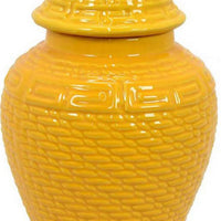 Bryan 13 Inch Ceramic Temple Jar, Geometric Print, Finial Top, Yellow - BM309933