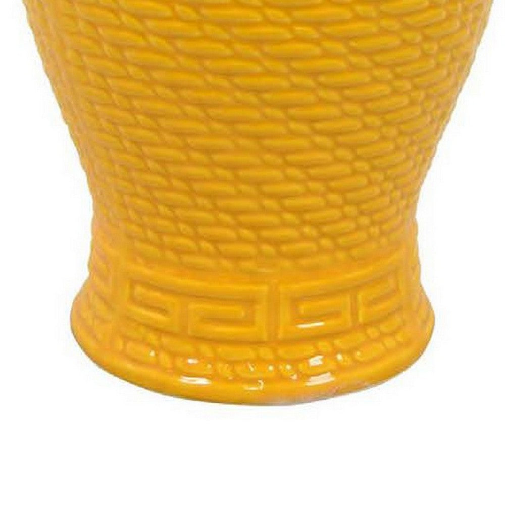 Bryan 13 Inch Ceramic Temple Jar, Geometric Print, Finial Top, Yellow - BM309933