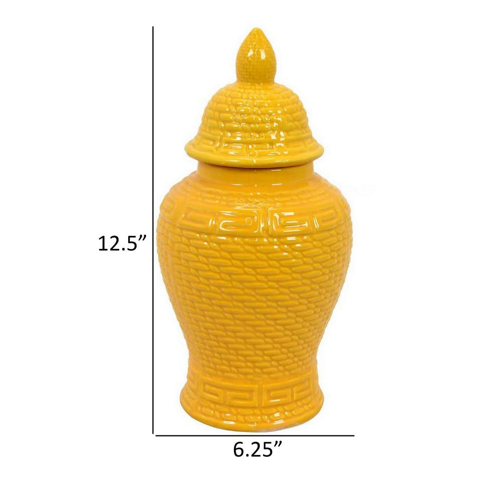 Bryan 13 Inch Ceramic Temple Jar, Geometric Print, Finial Top, Yellow - BM309933