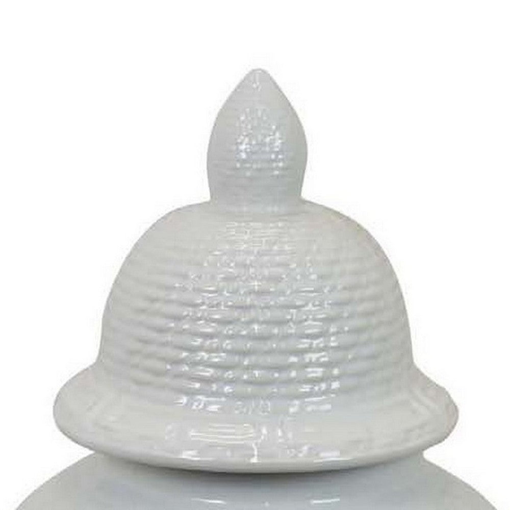 Bryan 24 Inch Ceramic Temple Jar, Geometric Print, Finial Top, White - BM309934