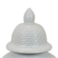 Bryan 24 Inch Ceramic Temple Jar, Geometric Print, Finial Top, White - BM309934