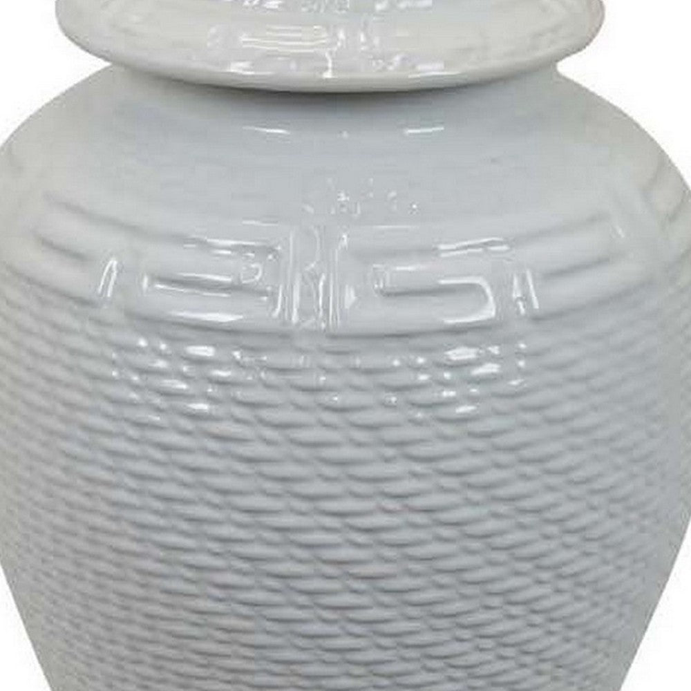 Bryan 24 Inch Ceramic Temple Jar, Geometric Print, Finial Top, White - BM309934