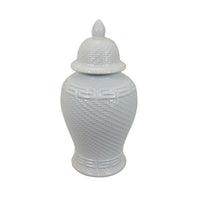 Bryan 24 Inch Ceramic Temple Jar, Geometric Print, Finial Top, White - BM309934