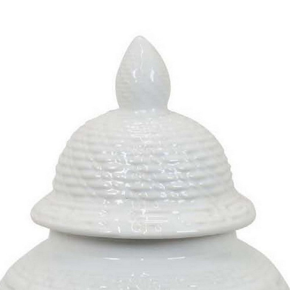 Bryan 18 Inch Ceramic Temple Jar, Geometric Print, Finial Top, White - BM309935