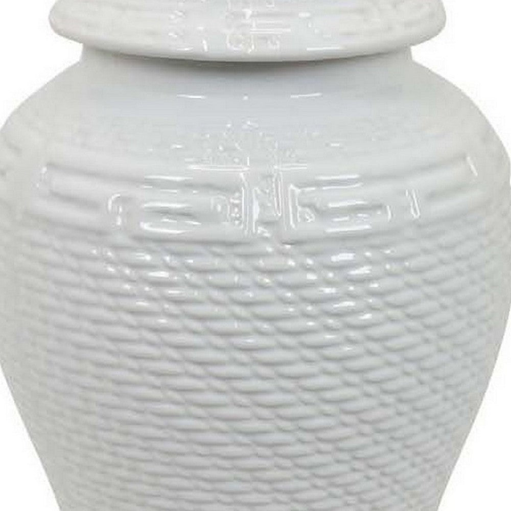 Bryan 18 Inch Ceramic Temple Jar, Geometric Print, Finial Top, White - BM309935