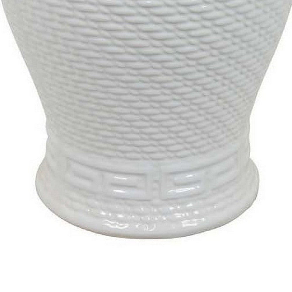 Bryan 18 Inch Ceramic Temple Jar, Geometric Print, Finial Top, White - BM309935