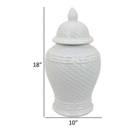 Bryan 18 Inch Ceramic Temple Jar, Geometric Print, Finial Top, White - BM309935