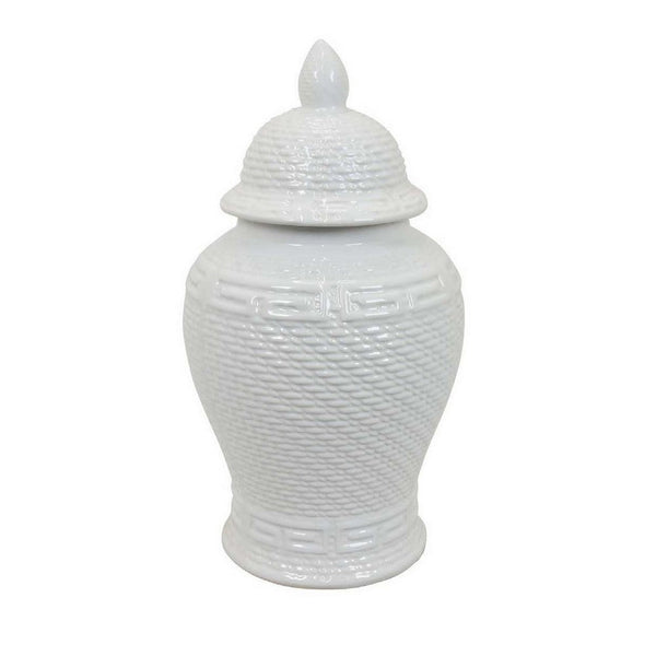 Bryan 18 Inch Ceramic Temple Jar, Geometric Print, Finial Top, White - BM309935