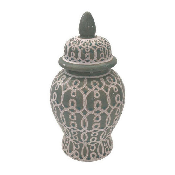 12 Inch Temple Jar, Ceramic Intricate Geometric Pattern, Removable Lid, Olive Green - BM309943