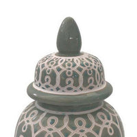 12 Inch Temple Jar, Ceramic Intricate Geometric Pattern, Removable Lid, Olive Green - BM309943